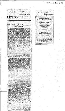 "Die 'Wolfgang Pauli-Vorlesungen' an der ETH", in: Die Neue Zürcher Zeitung (NZZ), announcement and article