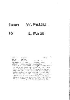 Letter from Pauli to Pais