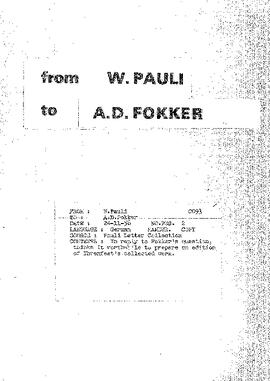 Letter from Pauli to Fokker