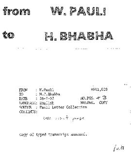 Letter from Pauli to Bhabha
