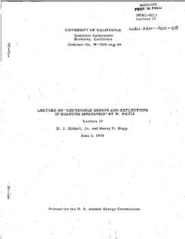 Lectures on "Continuous groups and reflections in Quantum Mechanics" held at Berkeley (University of California) in spring 1958, lecture 10, manuscript, Pauli, Wolfgang