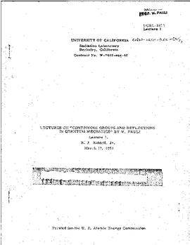 Lectures on "Continuous groups and reflections in Quantum Mechanics" held at Berkeley (University of California) in spring 1958, lecture 1, manuscript, Pauli, Wolfgang
