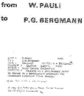 Letter from Pauli to Bergmann