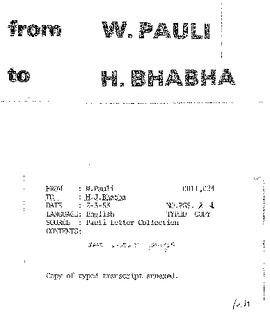 Letter from Pauli to Bhabha