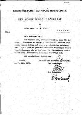 Letter, Schweizerische Schulrat