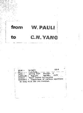 Letter from Pauli to Yang