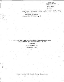 Lectures on "Continuous groups and reflections in Quantum Mechanics" held at Berkeley (University of California) in spring 1958, lecture 4, manuscript, Pauli, Wolfgang