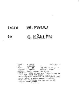 Letter from Pauli to Källén
