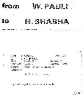 Letter from Pauli to Bhabha