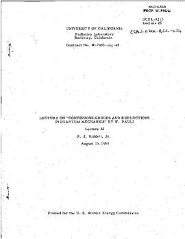 Lectures on "Continuous groups and reflections in Quantum Mechanics" held at Berkeley (University of California) in spring 1958, lecture 26, manuscript, Pauli, Wolfgang