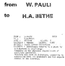 Letter from Pauli to Bethe