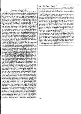 "Professor Wolfgang Pauli", in: Zolliker Bote, article