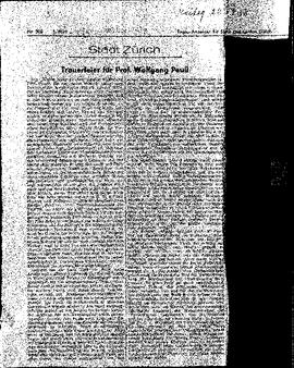 "Trauerfeier für Prof. Wolfgang Pauli", in: Tages-Anzeiger für Stadt und Kanton Zürich, article