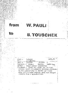 Letter from Pauli to Touschek