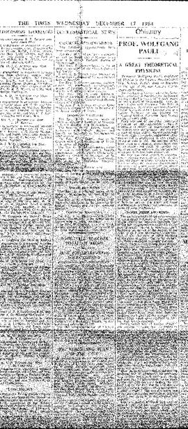 "Prof. Dr. Wolfgang Pauli, a great theoretical theorist", in: The Times, article
