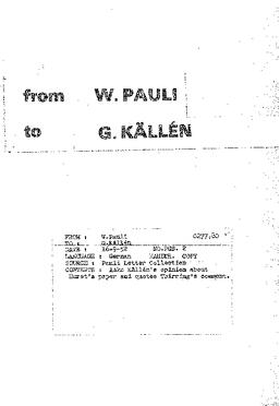 Letter from Pauli to Källén