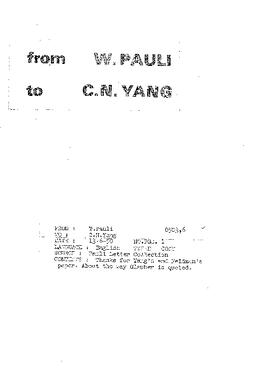 Letter from Pauli to Yang