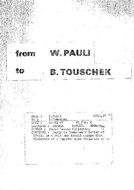 Letter from Pauli to Touschek