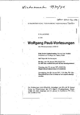 "Wolfgang Pauli-Vorlesungen des Wintersemesters 1970-71: Rudolf Peierls, Intuition und Formalismus in der Physik", announcement; "Wolfgang Pauli-Vorlesungen 1971", article