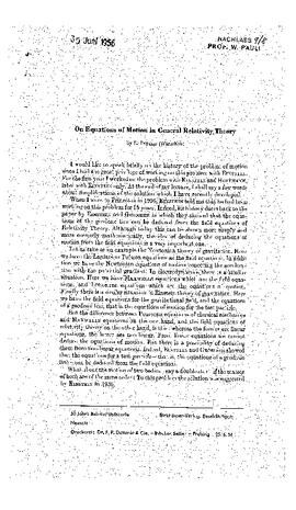 On equations of motion in general relativity theory, Infeld, Leopold