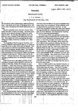 "Wolfgang Pauli", in: Soviet Physics Uspekhi (Vol. 2-68, number 4), manuscript