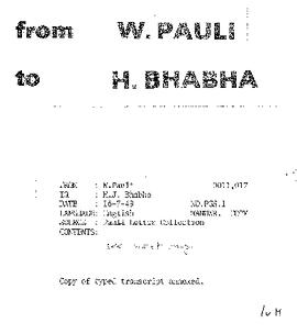 Letter from Pauli to Bhabha