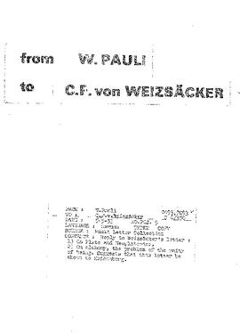 Letter from Pauli to Von Weizsäcker