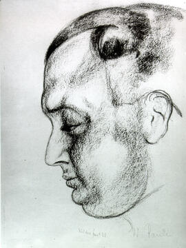 Photograph of portrait of Wolfgang Pauli made with charcoal