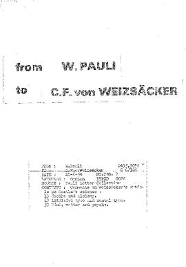 Letter from Pauli to Von Weizsäcker