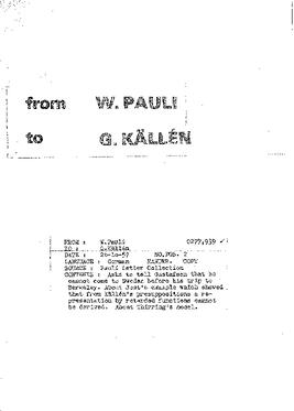 Letter from Pauli to Källén