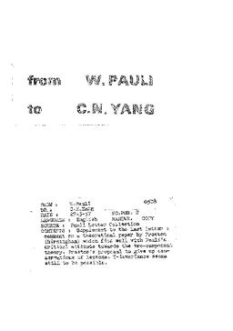 Letter from Pauli to Yang