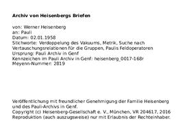 Letter from Heisenberg to Pauli