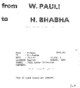 Letter from Pauli to Bhabha