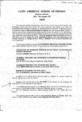 Program of the Latin American School of Physics 1959, dedication to Wolfgang Pauli, announcement