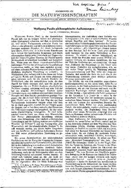 "Wolfgang Paulis philosophische Auffassungen", in: Die Naturwissenschaften (book 24, 46th year's issue), article