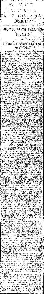 "Prof. Wolfgang Pauli, a great theoretical physicist", in: The Times, article