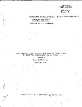 Lectures on "Continuous groups and reflections in Quantum Mechanics" held at Berkeley (University of California) in spring 1958, lecture 5, manuscript, Pauli, Wolfgang