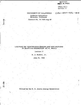 Lectures on "Continuous groups and reflections in Quantum Mechanics" held at Berkeley (University of California) in spring 1958, lecture 17, manuscript, Pauli, Wolfgang