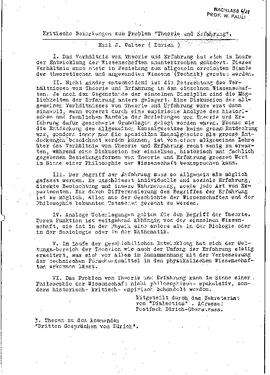 Kritische Bemerkungen zum Problem "Theorie und Erfahrung", Walter, Emil J