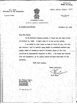 Copies of Wolfgang Pauli's lectures given at the Tata Institute of Fundamental Research (India) in 1951, letter to Franca Pauli, Pauli, Wolfgang
