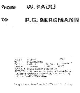 Letter from Pauli to Bergmann