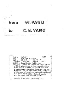 Letter from Pauli to Yang