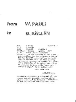 Letter from Pauli to Källén