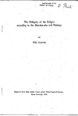 The obliquity of the ecliptic according to the Hou-han-shu and Ptolemy, Hartner, Willy