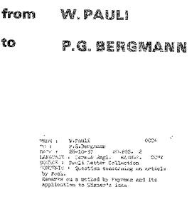 Letter from Pauli to Bergmann