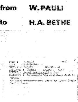 Letter from Pauli to Bethe