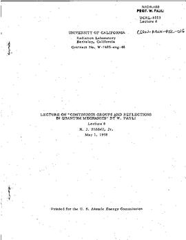 Lectures on "Continuous groups and reflections in Quantum Mechanics" held at Berkeley (University of California) in spring 1958, lecture 8, manuscript, Pauli, Wolfgang